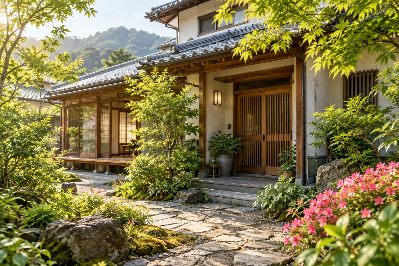 木の玄関と緑の庭がある日本の住まいのイメージ
